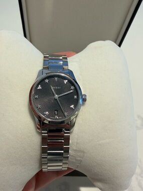 Gucci Silver Stainless Steel Watch with Black Dial and Star Accents
